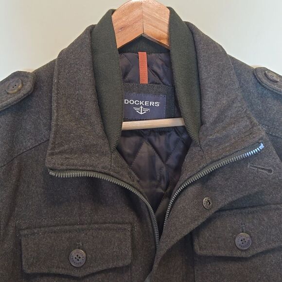 Dockers Wool Military Style Jacket Men's Medium Olive Green Winter Chore Utility - Picture 2 of 16